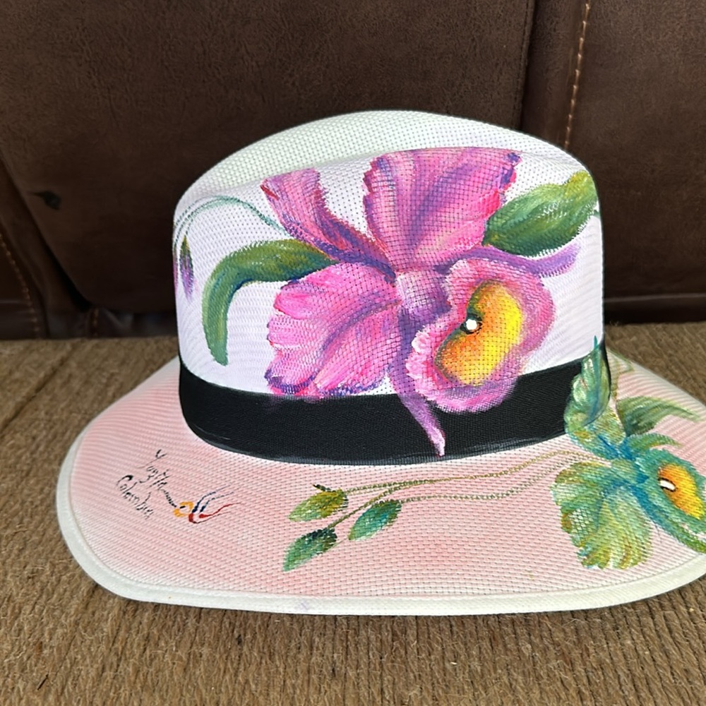 HAND - PAINTED HAT , CATTLEYA / ORCHID - Picture 4 of 7